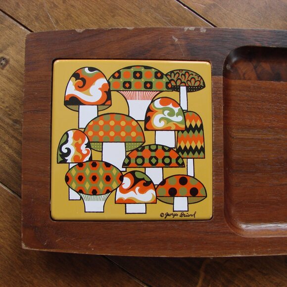 Vintage MCM Wood Charcuterie Cheese Serving Tray Georges Briard Mushroom - Picture 2 of 6